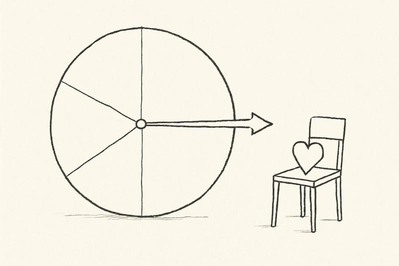A single wobbly-lined spinner wedge gently points to a small heart resting on a chair, suggesting a fair, low-stakes choice that invites safe practice.